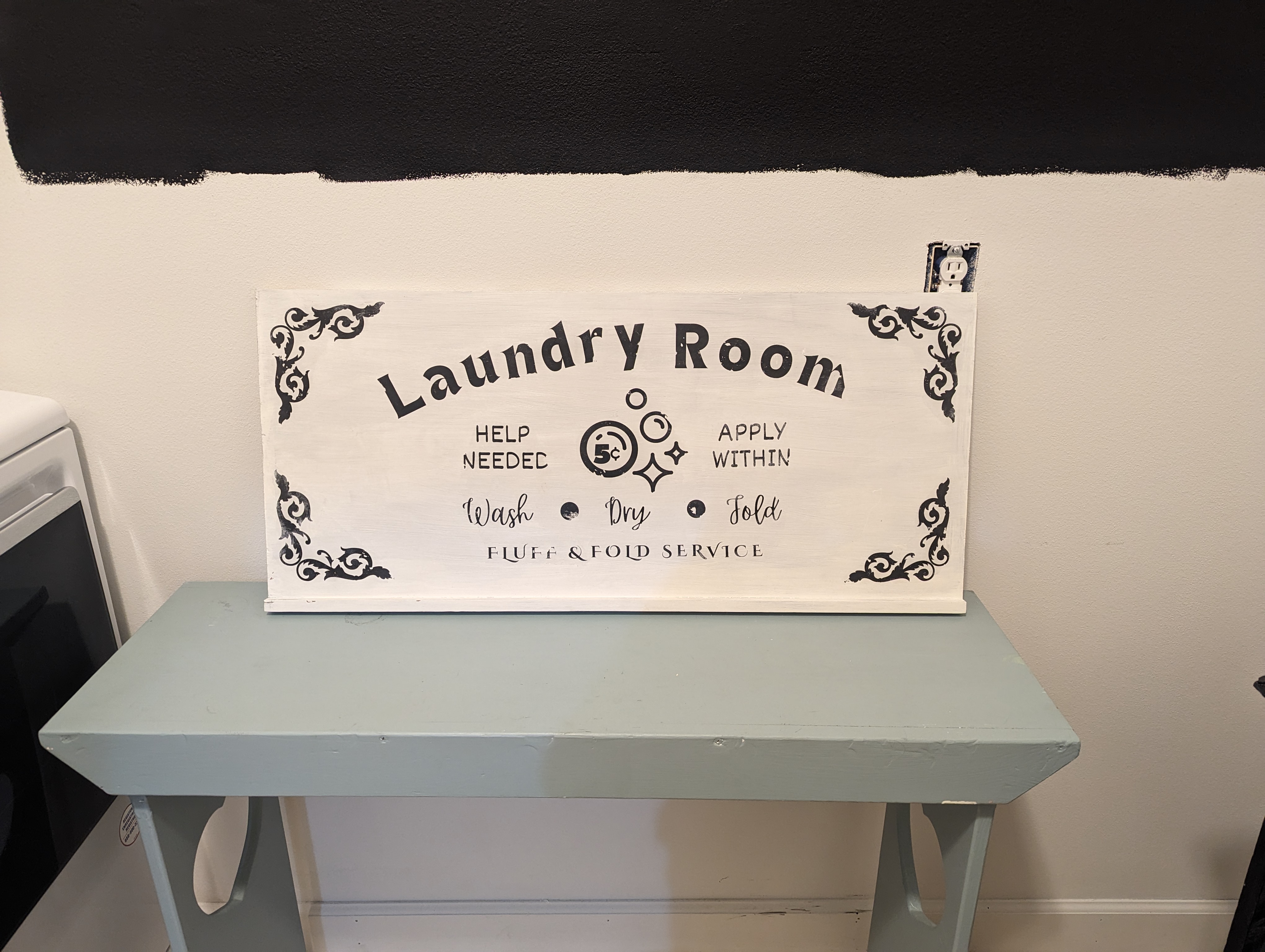 Laundry Room Sign and Painted Blue Bench