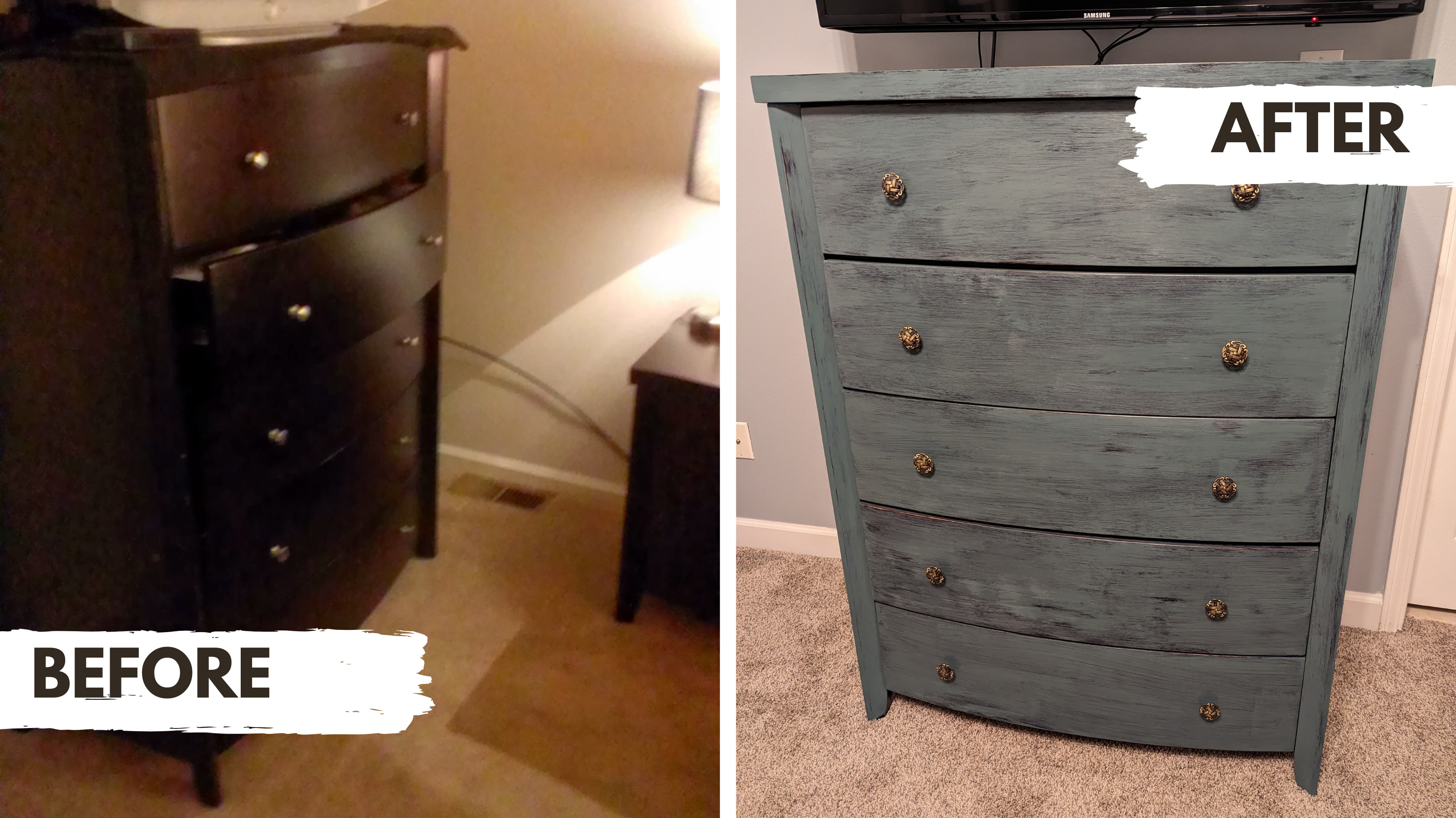 Distressed Curved Five Drawer Dresser
