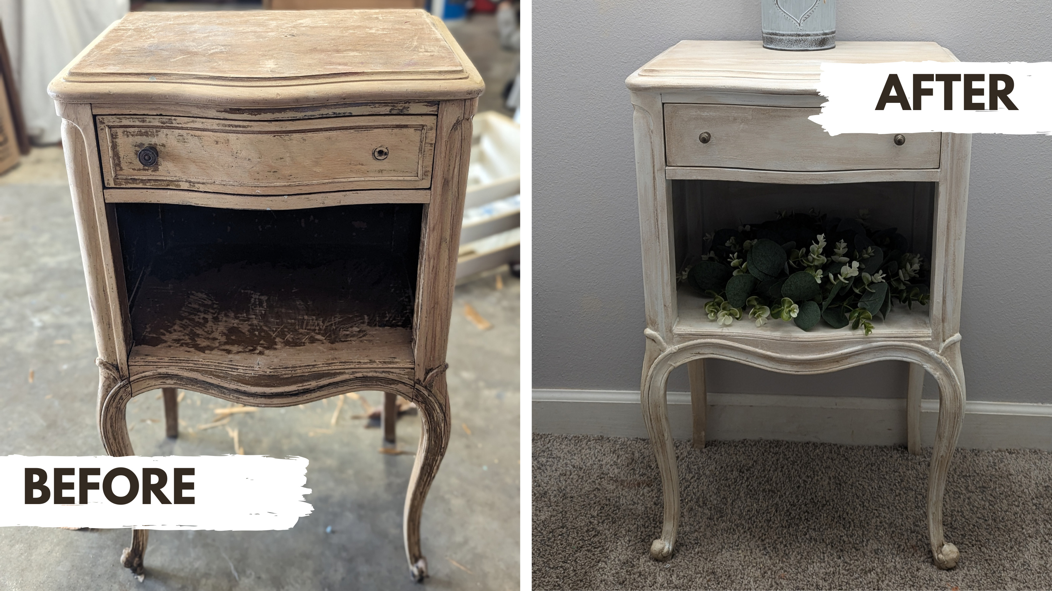 French Provincial Nightstand Weathered White Wash